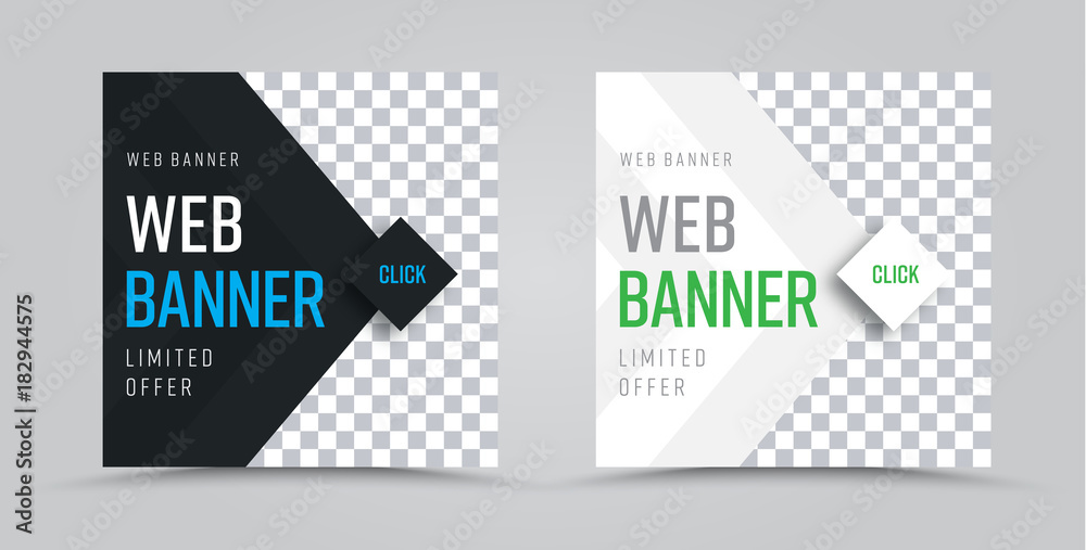 Poster template of square web banners with a place for a photo and a diamond-shaped button
