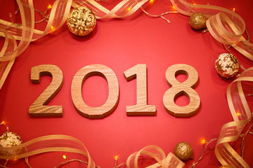 New Year 2018 Decoration on red background.