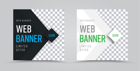 template of square web banners with a place for a photo and a diamond-shaped button