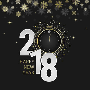 Happy New Year 2018 vector dark greeting card. Numbers with golden bows, snowflakes and clocks.