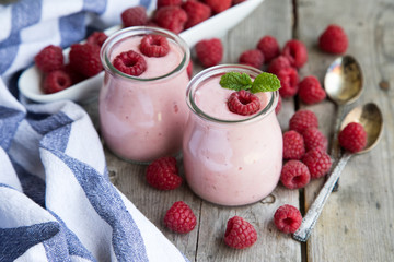 Yogurt smoothie with raspberries, fruit dessert. Berry smoothie. healthy dieting concept