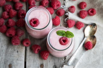 Yogurt smoothie with raspberries, fruit dessert. Berry smoothie. healthy dieting concept