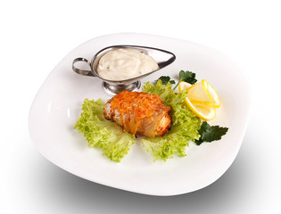 meat  with sauce on a white plate, way  in path