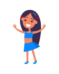 Brunette Girl with Long Hair in T-shirt and Skirt