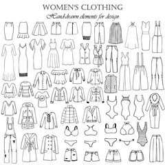 Set of 55 hand-drawn elements of a women's clothing for design. Black-and-white vector illustration.