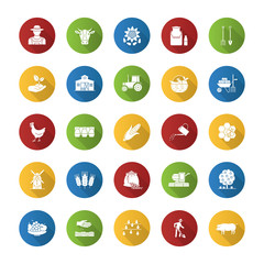 Agriculture flat design long shadow glyph icons set