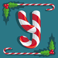 Буква Y, знак из красных и белых сладостей, конфета сладкая трость на бирюзовом фоне, иллюстрация, вектор