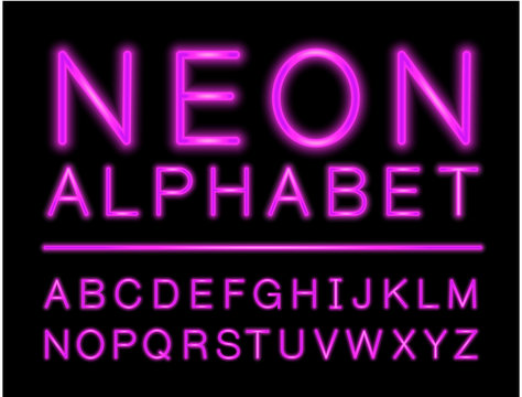 Violet neon alphabet with complete letters set with LED effect