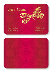 Luxury red gift card with dragonfly ornament. Front side with golden embossed relief, back side with circle ornament decoration