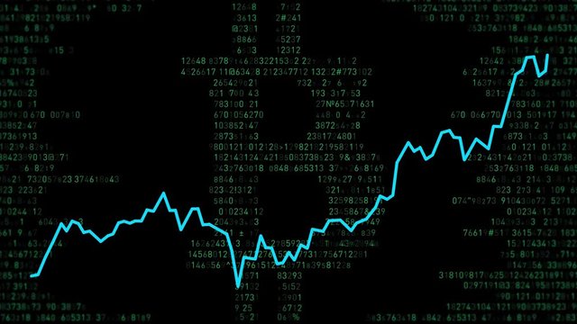 Graph of quotations bitcoins on the stock exchange against the background of the bitcoin silhouette from random symbols