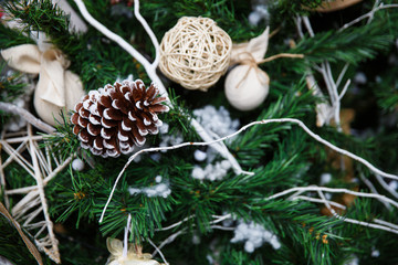 Christmas tree with toys and decorations in interior design