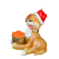 Red dog in a red cap with a bucket of red caviar.