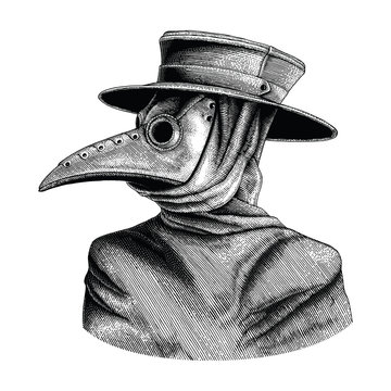 Plague doctor hand drawing vintage engraving isolate on white background