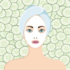 Young beautiful girl with mask on face. Beauty skincare and cosmetology. Beauty and freshness of the woman face vector illustration.