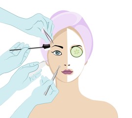 Young beautiful girl with mask on face. Beauty skincare and cosmetology. Beauty and freshness of the woman face vector illustration.