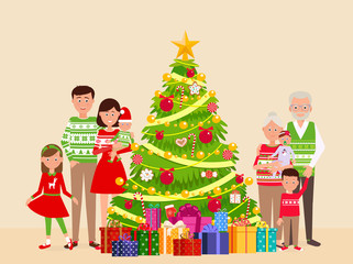 Big happy family at a Christmas tree.