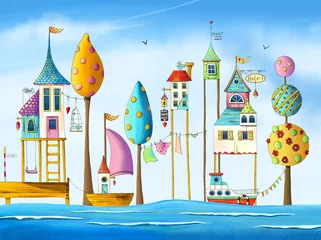 Fototapete Kinder Aquarell magische Häuser (Stadt, Straße) mit Wasser, Booten, Bäumen und Vögeln. Handgezeichnete Abbildung.