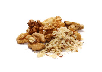Walnut kernels, pile isolated on white background