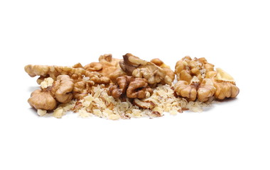 Walnut kernels, pile isolated on white background