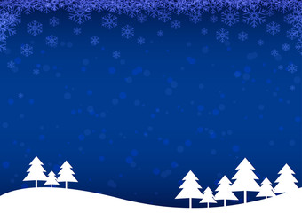 Christmas tree with snow and snowflakes on blue background. Christmas and Happy New Year concept vector illustration