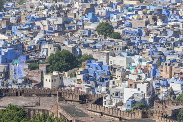 Obraz premium Aerial view of The Blue City from the Mehrangarh Fort, Jodhpur, Rajasthan, India