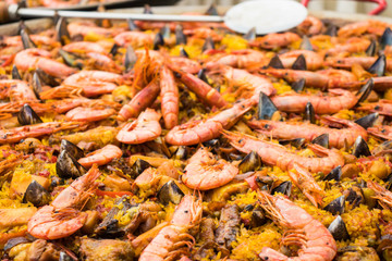 Giant paella ready to be eaten . Closup.
