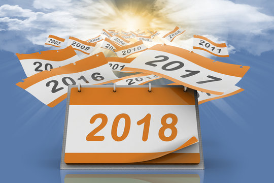 Fogli di calendario ad anelli da scrivania si allontanano verso l'infinito scoprendo l'anno 2018.