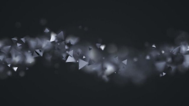 Abstract 3d rendering of chaotic low poly shapes. Computer generated flying polygonal pyramids in empty space. Futuristic background design with bokeh effect. 4k UHD