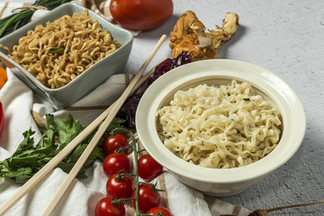Noodles with vegetables. Typical oriental food
