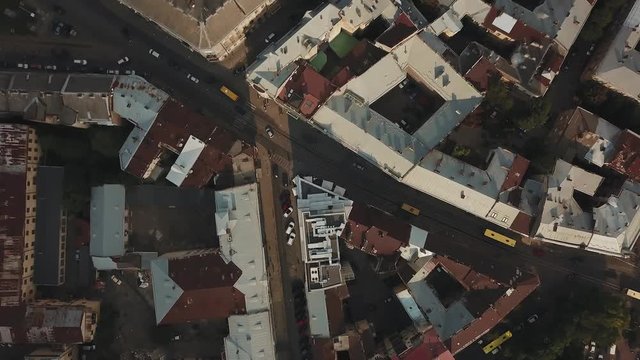 Fly over the streets of a beautiful European city Lviv 