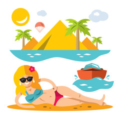 Vector Beach Girl. Flat style colorful Cartoon illustration.