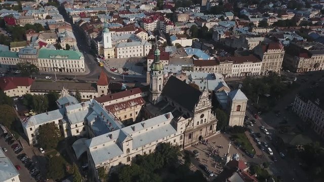 Fly over the streets of a beautiful European city Lviv 