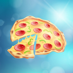 Flying Pizza Blue Bokeh Background EPS10