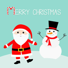 Snowman Santa Claus wearing red hat, costume, big beard, belt buckle. Merry Christmas. Candy cane. Cute cartoon kawaii funny character with open hand. Blue snow background. Greeting card.