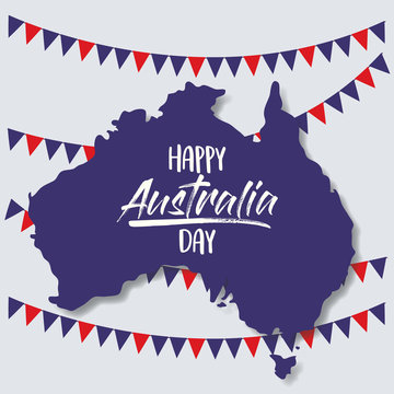 happy australia day poster with australia map and colorful festoons in background vector illustration