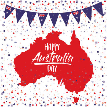 happy australia day poster with australia map in white background with colorful festoons and confetti vector illustration