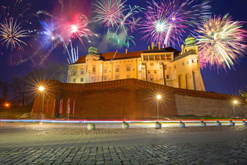 Fototapeta New Years firework display in Krakow, Poland obraz