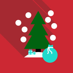 vector illustration of decorated Christmas tree with big bag of gifts