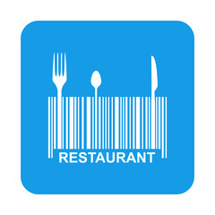 Icono plano codigo de barras RESTAURANT en cuadrado azul