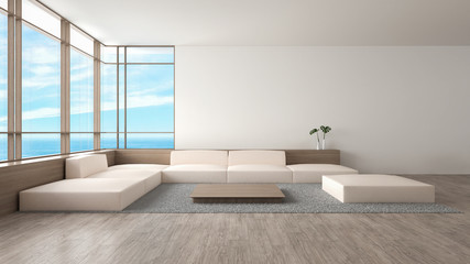 Modern interior living room wood floor sofa set sea view summer 3d rendering. minimal loft white wall living room