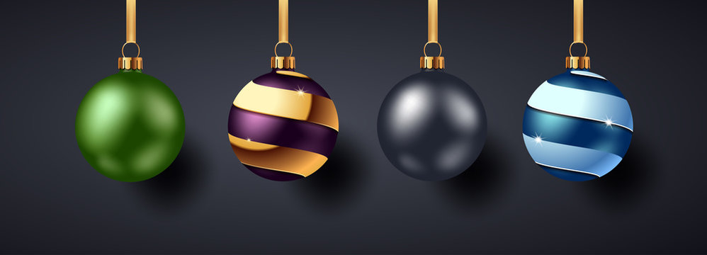 Christmas Balls with Shadows on dark background. Vector illustration