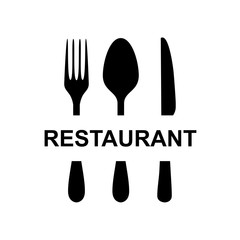 Logotipo RESTAURANT y cubiertos negro en fondo blanco