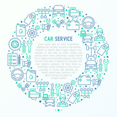 Car service concept in circle with thin line icons of mechanic, computer diagnostics, tools, wheel, battery, transmission, jack. Modern vector illustration for banner, web page, print media.
