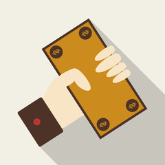 Businessman has money in flat style with shadow. hand hold paper bill.