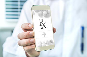 Electronic prescription. Mobile E-prescription app. Doctor giving list of medicine to patient. Pharmacist holding smartphone with an imaginary medical application. - obrazy, fototapety, plakaty
