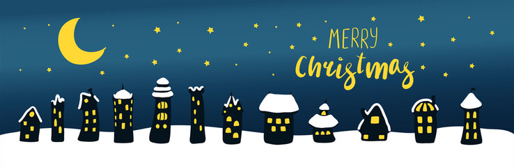 Fototapeta premium Hand drawn Christmas greeting card, banner with cute cartoon houses, covered with snow, at night, with brightly lit windows. Isolated objects. Vector illustration. Design concept kids, winter holidays