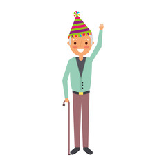 older man grandpa wearing birthday hat hand up vector illustration