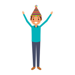 cartoon man wearing birthday hat and arms up happy vector illustration