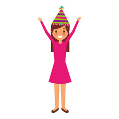 cartoon young girl standing smiling with arms up and birthday hat vector illustration