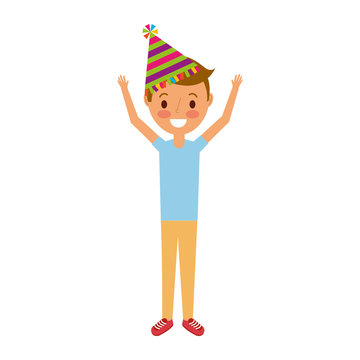 young boy with birthday hat raising arms celebration vector illustration